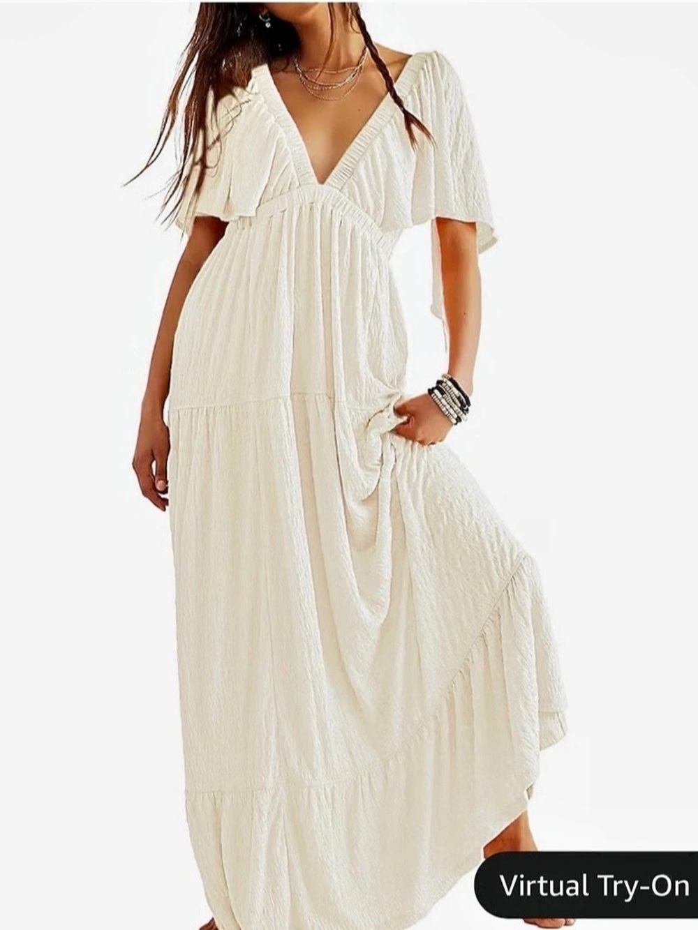 Kikibell Deep V-Neck Maxi Dress in White, Medium
